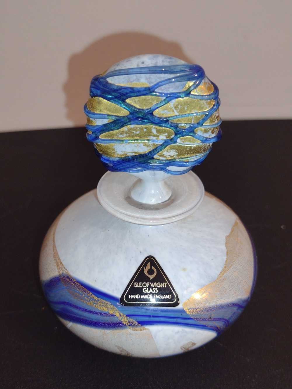 Isle of Wight Glass Blue & Gold Art Glass Bottle with Swirl Stopper